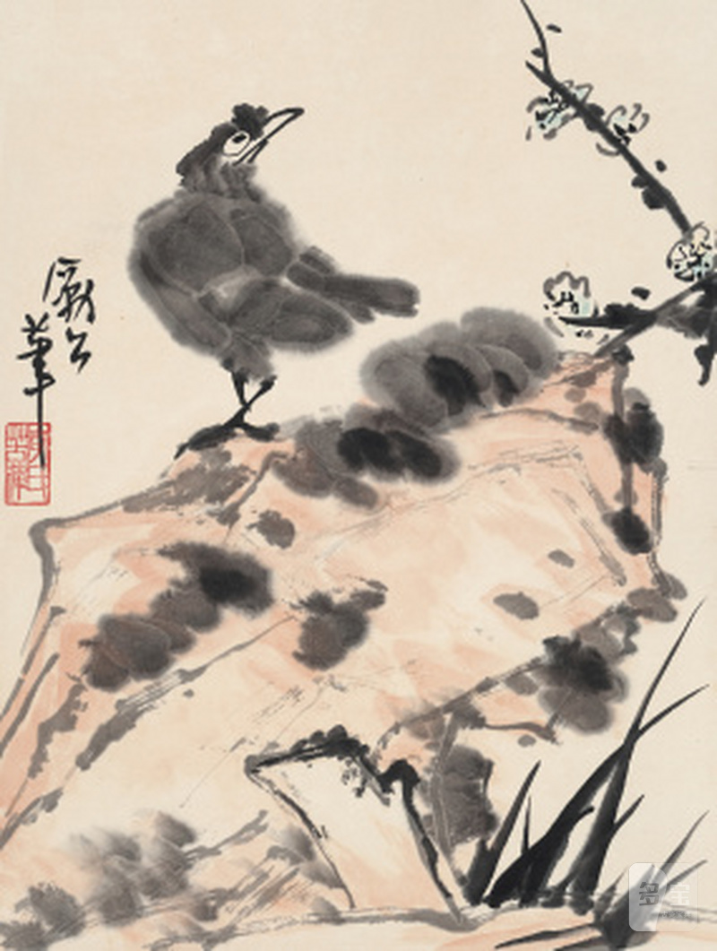 李苦禅 1899-1983 八哥梅石 - 图1